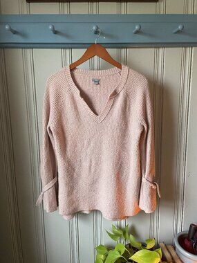 Aerie Blush Pink Knit Sweater Tie Sleeve V-Neck Lightweight Pullover Size S
